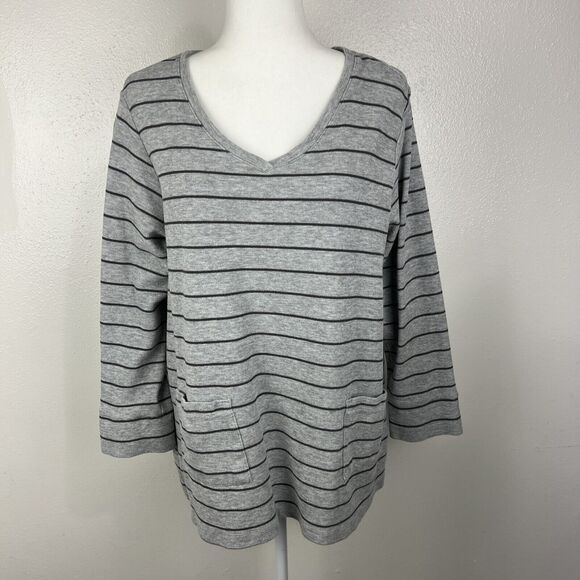 J Jill Sweater Women Extra Large Grey Striped Knit V-Neck Pullover Front Pockets - Picture 13 of 13
